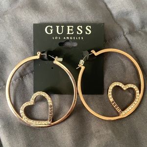 Guess Hoop Earrings With Rhinestone Hearts